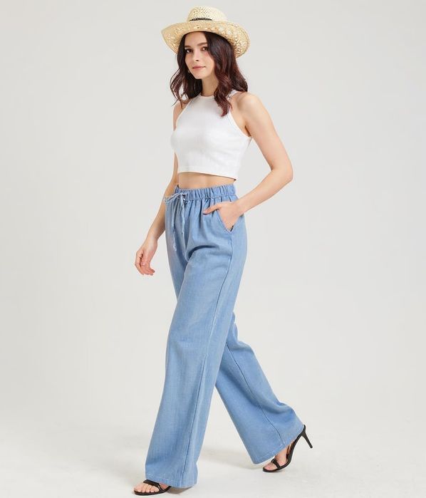 Spodnie Damskie Lniane Wide Leg Bawełna Len XL Niebieskie