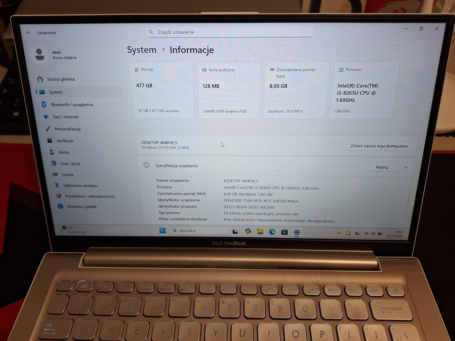 Sprzedam cienki laptop ASUS S13 – i5 / 8GB RAM / 512 NVMe