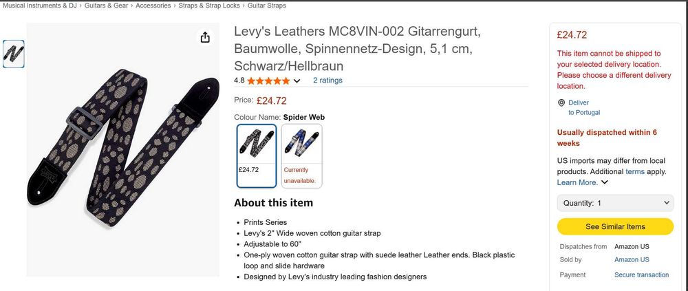 Correia de guitarra LEVY'S Cotton com pontas em camurça