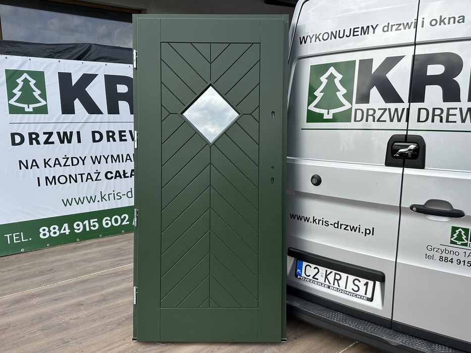 Drzwi zewnętrzne drewniane Zielone ral 6020 Montaż cala Polska i Ue