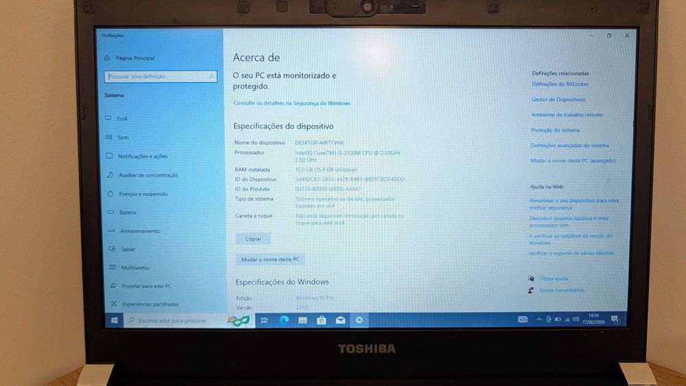 Portatil Toshiba R830 i5-2520M | 16GB | 512GB | Teclado PT | Grade A