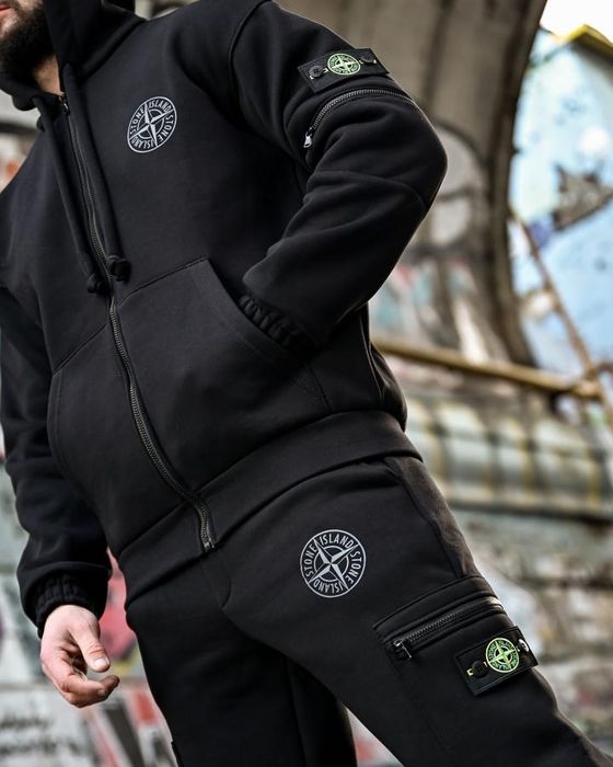 Чорний теплий на флісі зимовий спортивний костюм Stone island Tetra