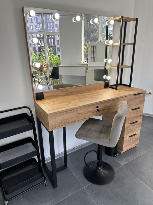 Гримерний стіл 1.4 метра метал полки та опора дуб крафт золото