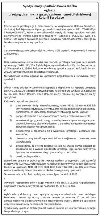 Syndyk sprzeda działkę rekreacyjną w Kolonii Seredzice - Więcej