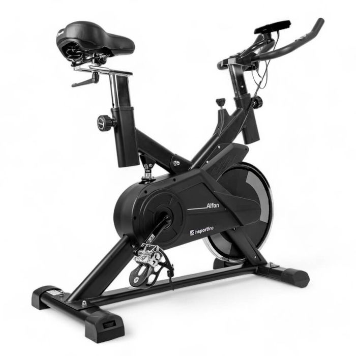Rower spinningowy inSPORTline Alfan do domu, ręczny opór cierny, napęd pasowy, czujniki tętna, uchwyt na tablet, LCD, Kinomap, Zwift, do 100 kg