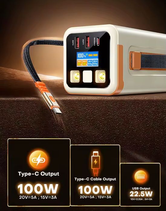 Павербанк QOOVI 50000 mAh 100W з TFT дисплеєм та вбудованим кабелем
Па