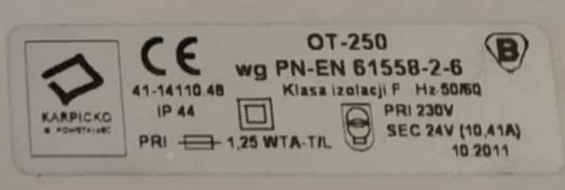 TRANSFORMATOR OT 250 VA / T 230/24V IP44 134X195X135MM