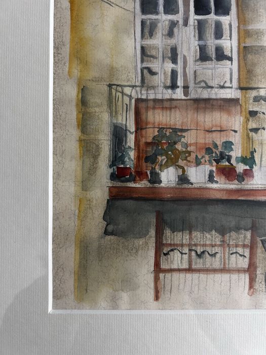 Quadro original em aquarela – Fachada com varandas e plantas