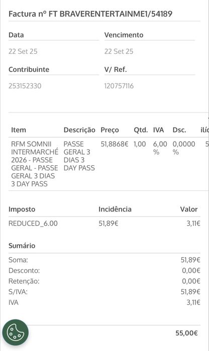 Bilhete Passe Geral  + Campismo Somnii RFM 2026