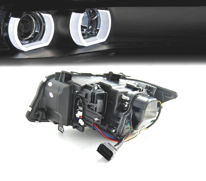 FARÓIS BMW E90 E91 05-08 XENON ANGEL EYES U 3D LED FUNDO CROMADO