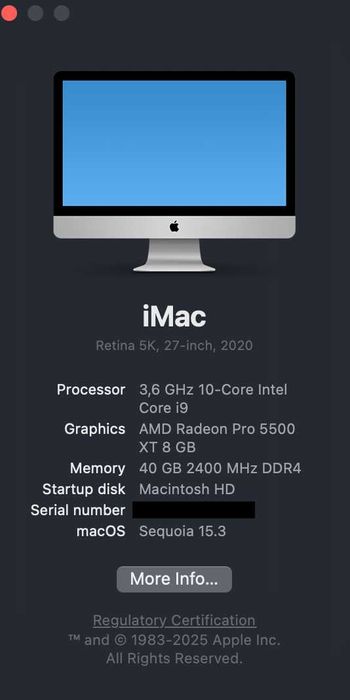 iMac Retina 5K, 27-inch, 2020, 1 TB SSD, 40 GB RAM, 5500 XT 8 GB