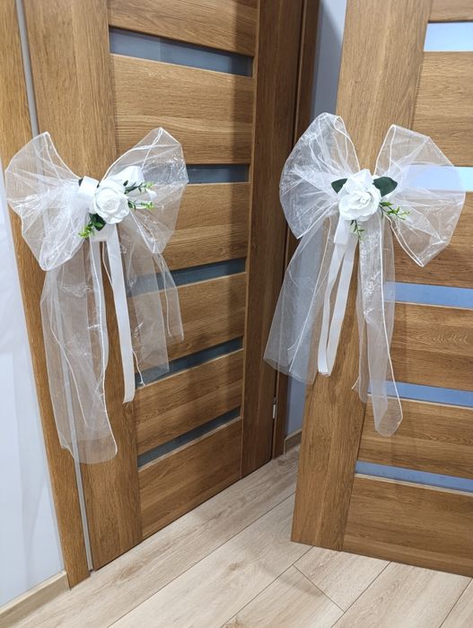 Kokardki tiulowe z kwiatem na bramę barierki ślub wesele