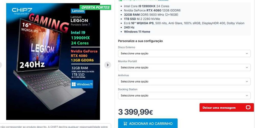 Portatil Gaming Lenovo Legion Pro 7 I9 13900HX / RTX 4080 / 32GB RAM