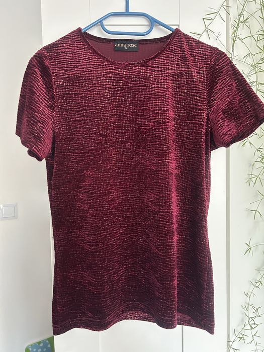 Welurowa bluzka, burgundowa ze złotymi paskami, rozmiar S Anna Rose