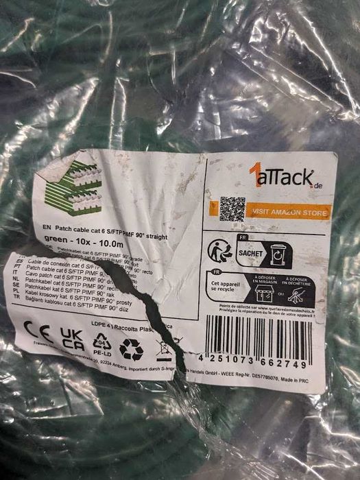 Kabel przewód sieciowy LAN ethernet skrętka patchcord 10 x 10m CAT6