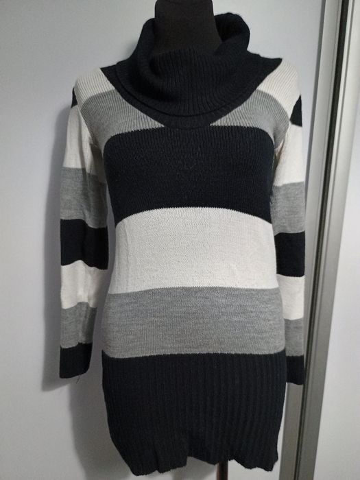 Sweter z długim tunika sukienka czarny biały szary paski golf r. 38 M