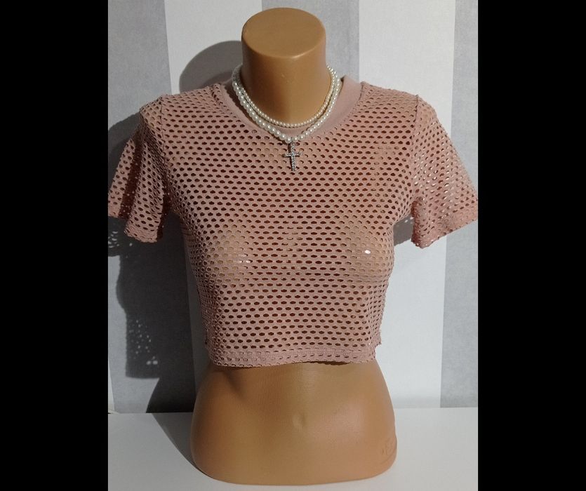 Bluzka pudrowy róż prześwitująca dziurkowana krótki rękaw crop top S/M