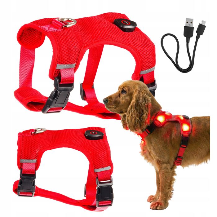 Czerwone Szelki LED Guard S dla Psów, Świecące, Bezuciskowe, USB