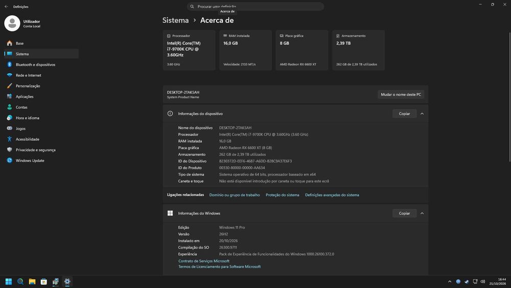 PC Gaming & Produtividade | i7-9700K | RX 6600 XT 8GB | 16GB 3600MHz | 2.6TB Armazenamento | Win 11 + Office