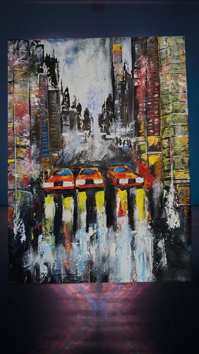 Obraz wspólczesny 30x40x4 cm. Metropolia w deszczu. Malarstwo strukturalne akrylowe na płótnie.