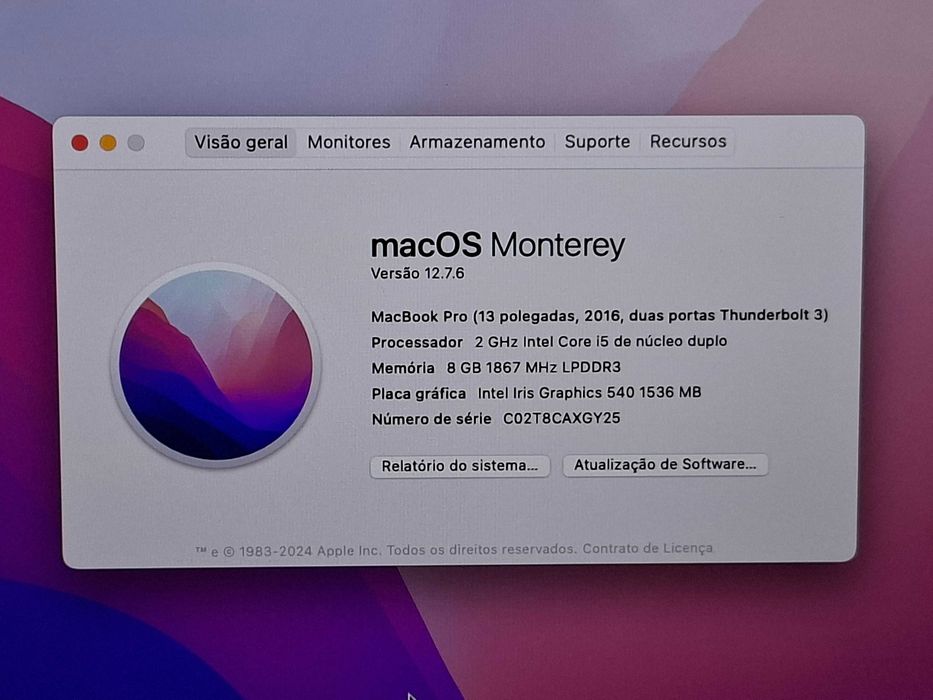 MacBook Pro Ecrã Retina 13,3" | Intel Core i5 | 8 Gigas Memória RAM | Disco SSD PCIe | Gráfica Iris Plus 1536 MB | Mac OSMonterey | Rigorosamente NOVO