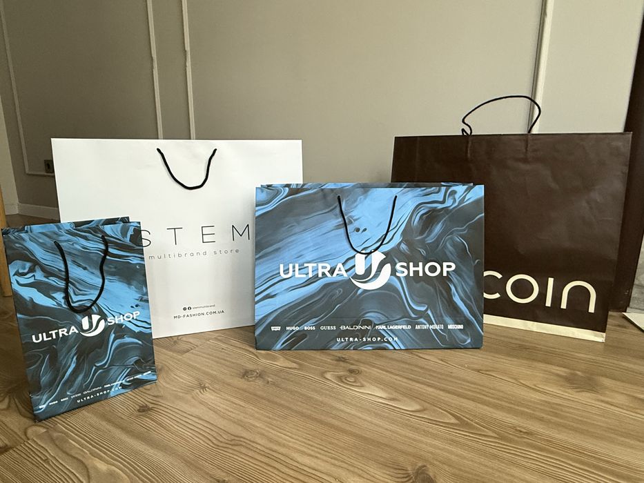 Брендові пакети, пакеты бумажные Zara, H&M, Ultra Shop, Benetton