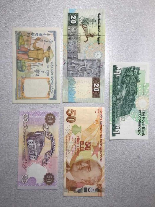 Банкноты 1 фунт Шотландия Индокитай Пиастр Турецкая лира Египет. фунт