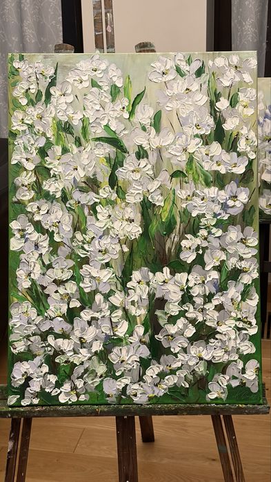 Obraz olejny 50×70 cm – kolorowe kwiaty, malowany szpachelką
