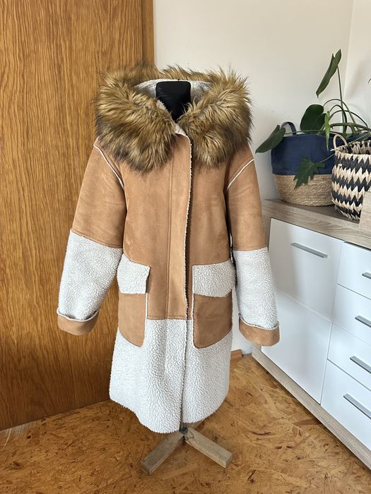 Zara XS 34 36 płaszcz zimowy baranek camelowy