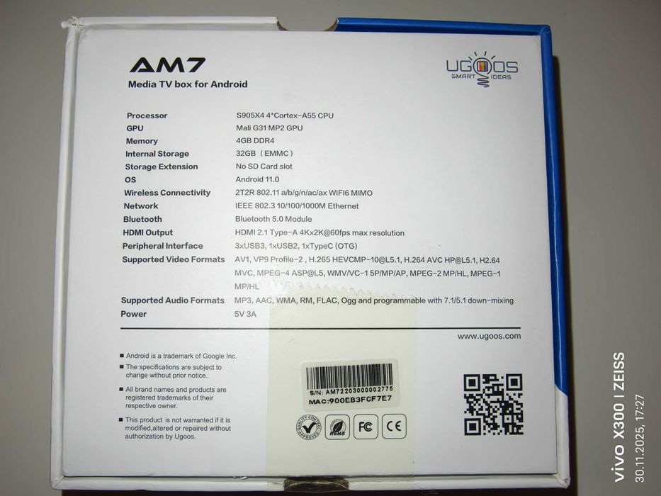 UGOOS AM7 TV Box Amlogic S905X4 Android 11 TV Box 4 GB DDR4 32 GB ROM