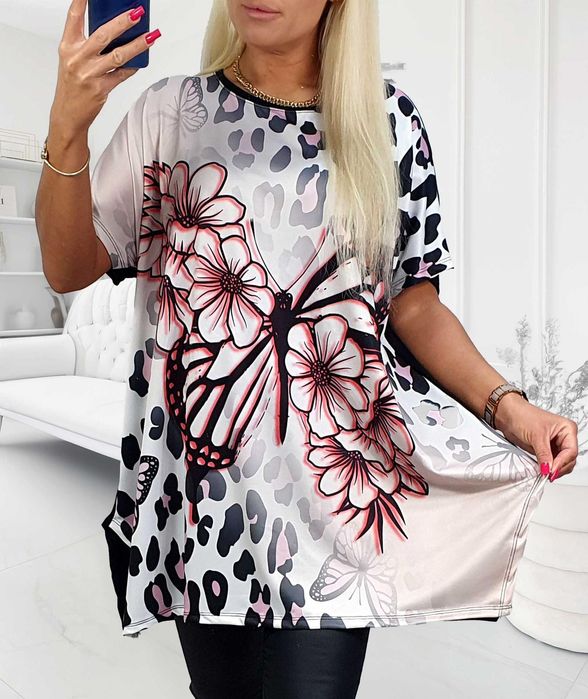 Bluzka plus size tunika duży rozmiar 50/52/54/56 kwiaty motyl