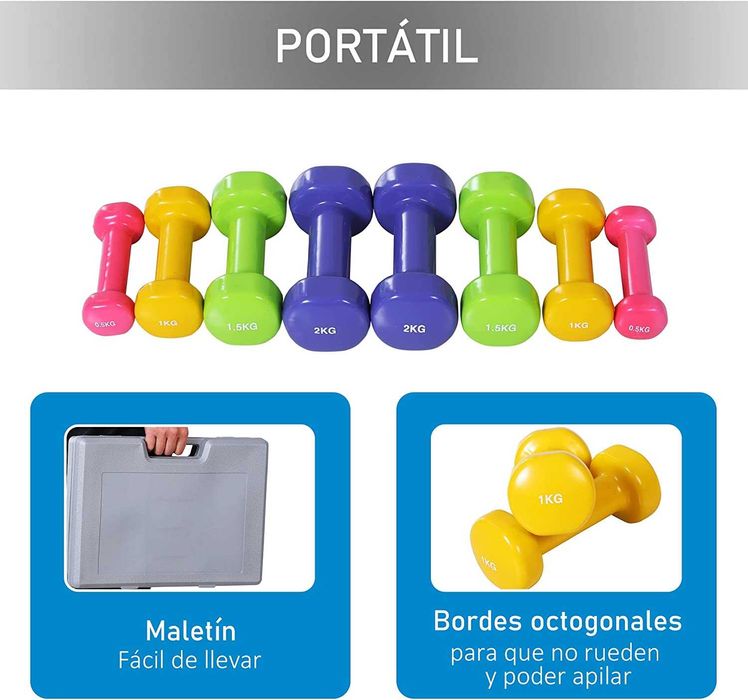 Conjunto de 8 halteres, 4 pares de 0,5 kg, 1 kg, 1,5 kg, 2 kg e caixa