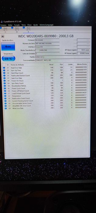 Disco 2TB WD com Caixa externa substituível USB 3.2 e Cristaldiskinfo.