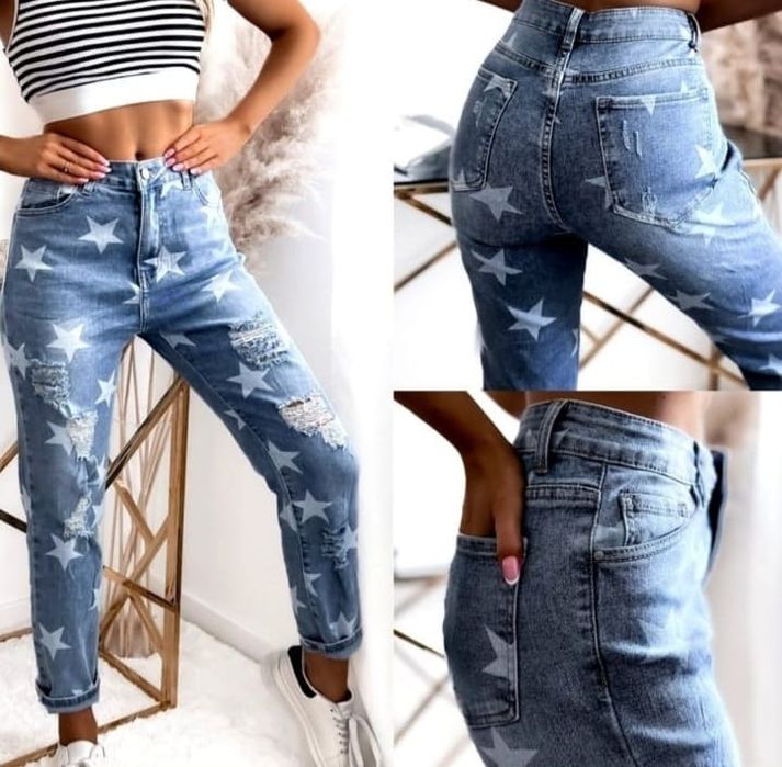 Jeansy Nowe w gwiazdki Denim L