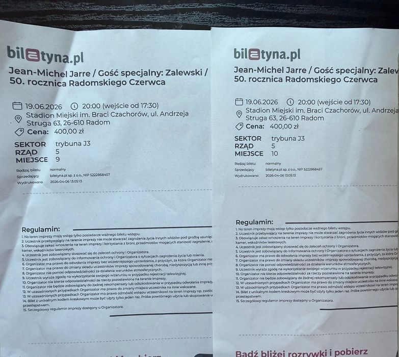 2 bilety Jean-Michel Jarre, Radom 19.06.2026