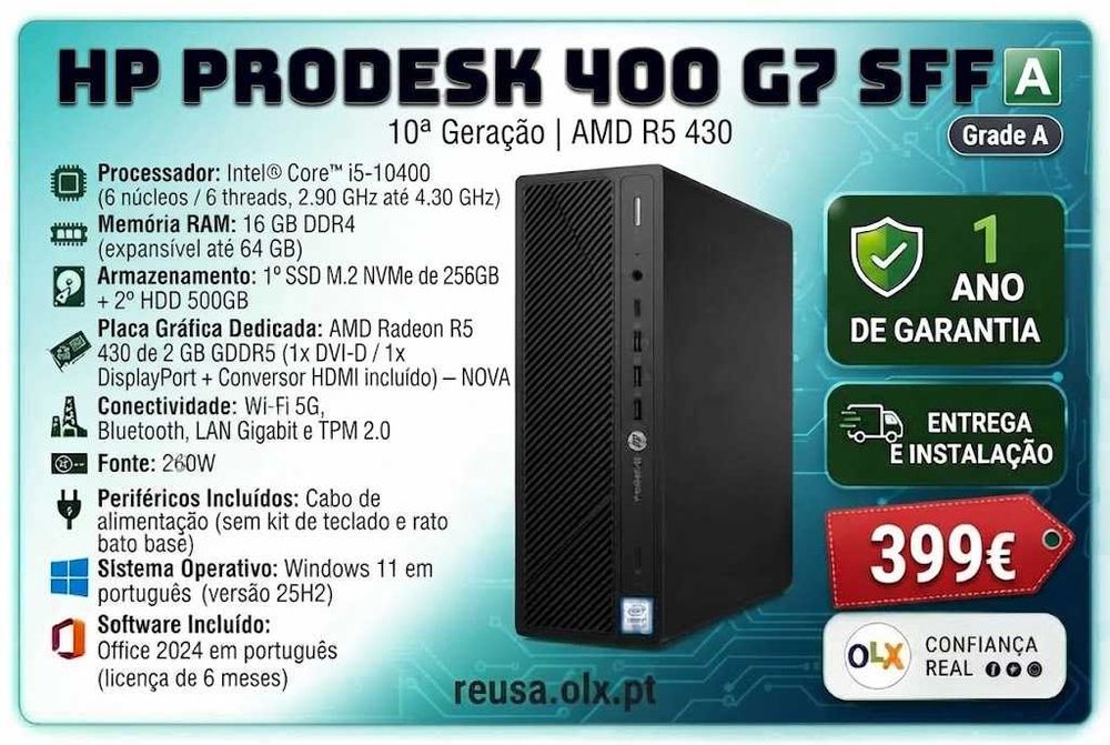 "Vendido!  HP ProDesk 400 G7 SFF 10.ªG | i5-10400 | 16GB RAM | R5 430 | NVMe 256GB + HDD 500GB | Wi-Fi | W11