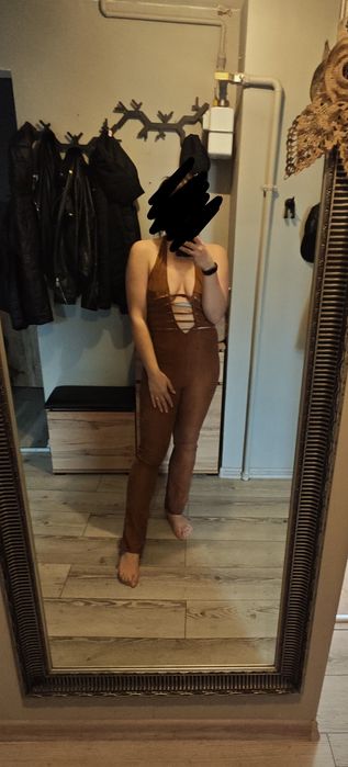 Brązowy kombinezon koronka dekold Boho jumpsuit wiązany ozdobny elasty