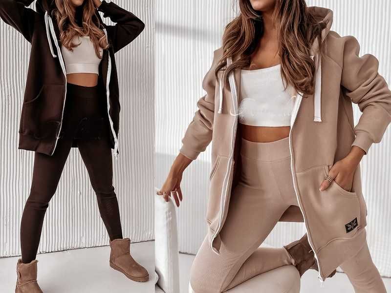Polski set dres długa czekoladowa bluza na zip + legginsy prążek