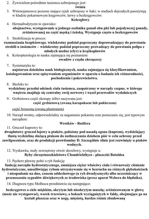 Notatki z ZOOLOGII kierunek Biotechnologia