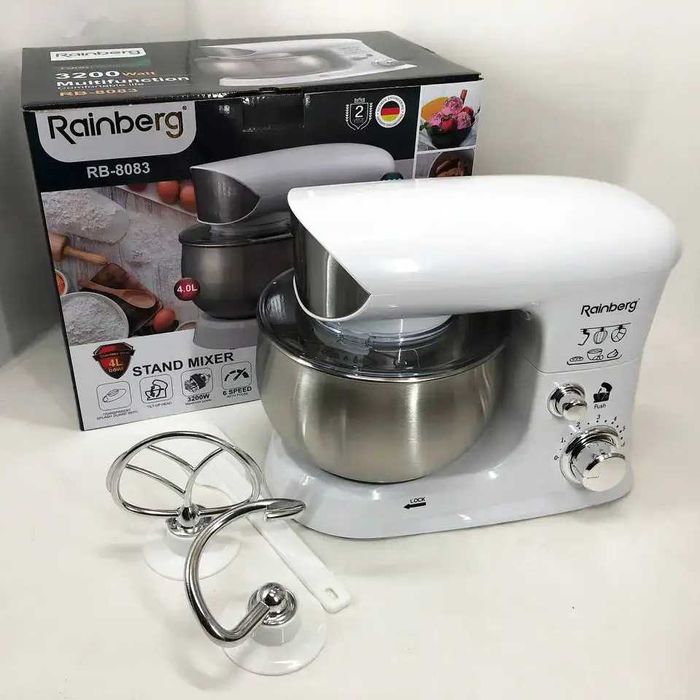 Міксер тістоміс Rainberg RB-8083 3200 Вт комбайн для кухні електричний 4 л планетарний міксер побутовий білий