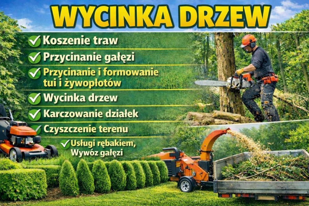 Wycinanie drzew, rozdrabniacz do gałęzi, frezowanie pni, podnośnik