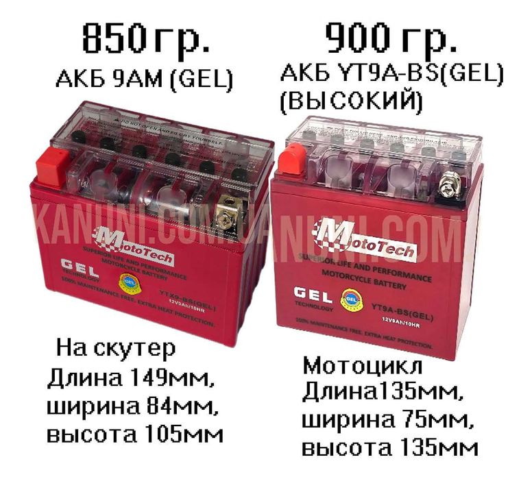 Аккумулятор гелиевый для скутера 2.3, 4, 5, 7, 9, 12, 14, 18, 20 ah.