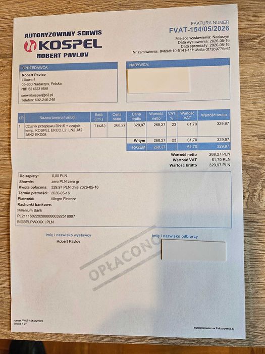 Czujnik przepływu+ temperatury Kospel EKCO.LN2,MN2