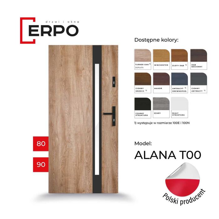 Drzwi wejściowe ocieplone 80 i 90 lewe lub prawe turner oak 72mm