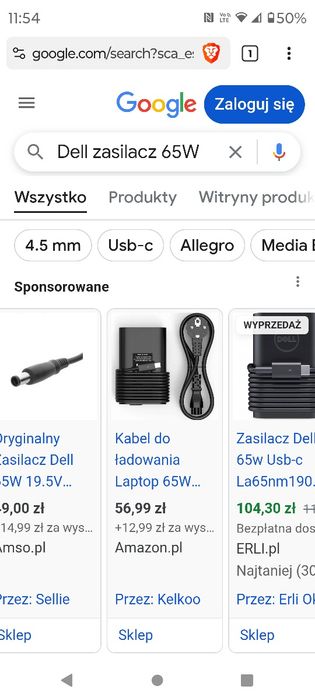 Kabel do ładowania laptopa Dell 65W