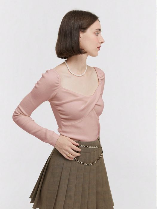 Sweterek Dopasowany Twist Z Dekoltem Serce Różowa Casual Shein S 36