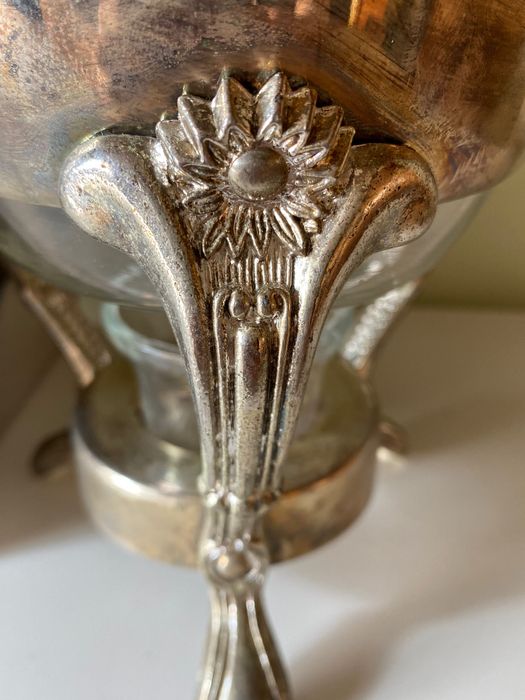 vintage Italian silver candle warming stand, glass coffee carafe