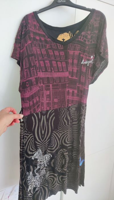 Vestido de verão, manga curta, preto e roxo, Desigual, S
