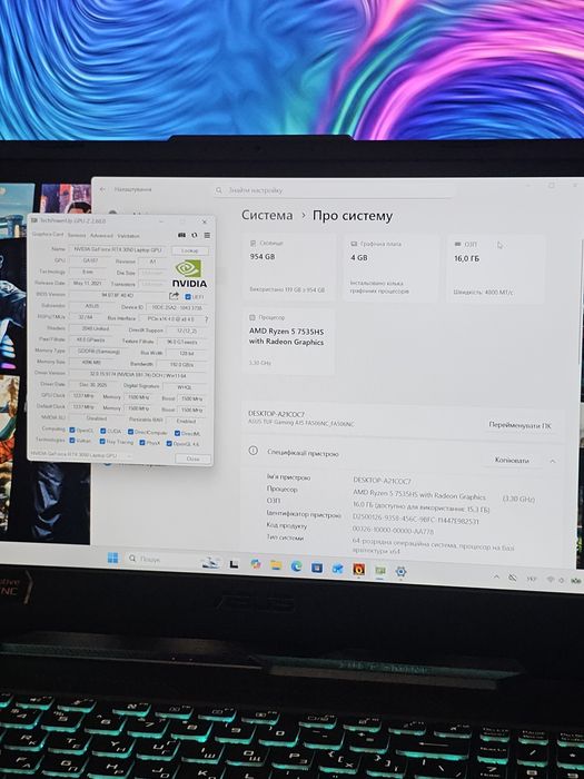 Ігровий ноутбук Asus TUF A15 / RTX 3050 / Ryzen 5 /RAM 16GB / SSD