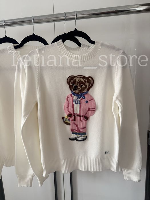 Жіночий білий светр віскоза кофта з рожевим ведмедиком Polo Ralph Lauren S M L XL